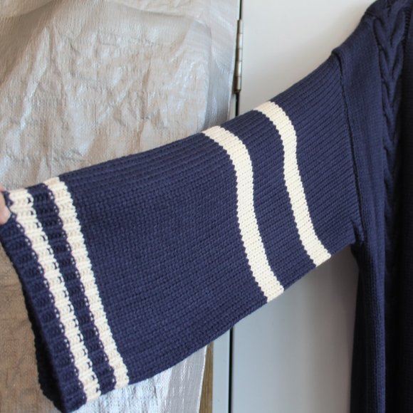 Buddha Trends Navy w/ White Stripes Long Open Front Knit Stitch Sweater Jacket - Picture 3 of 4